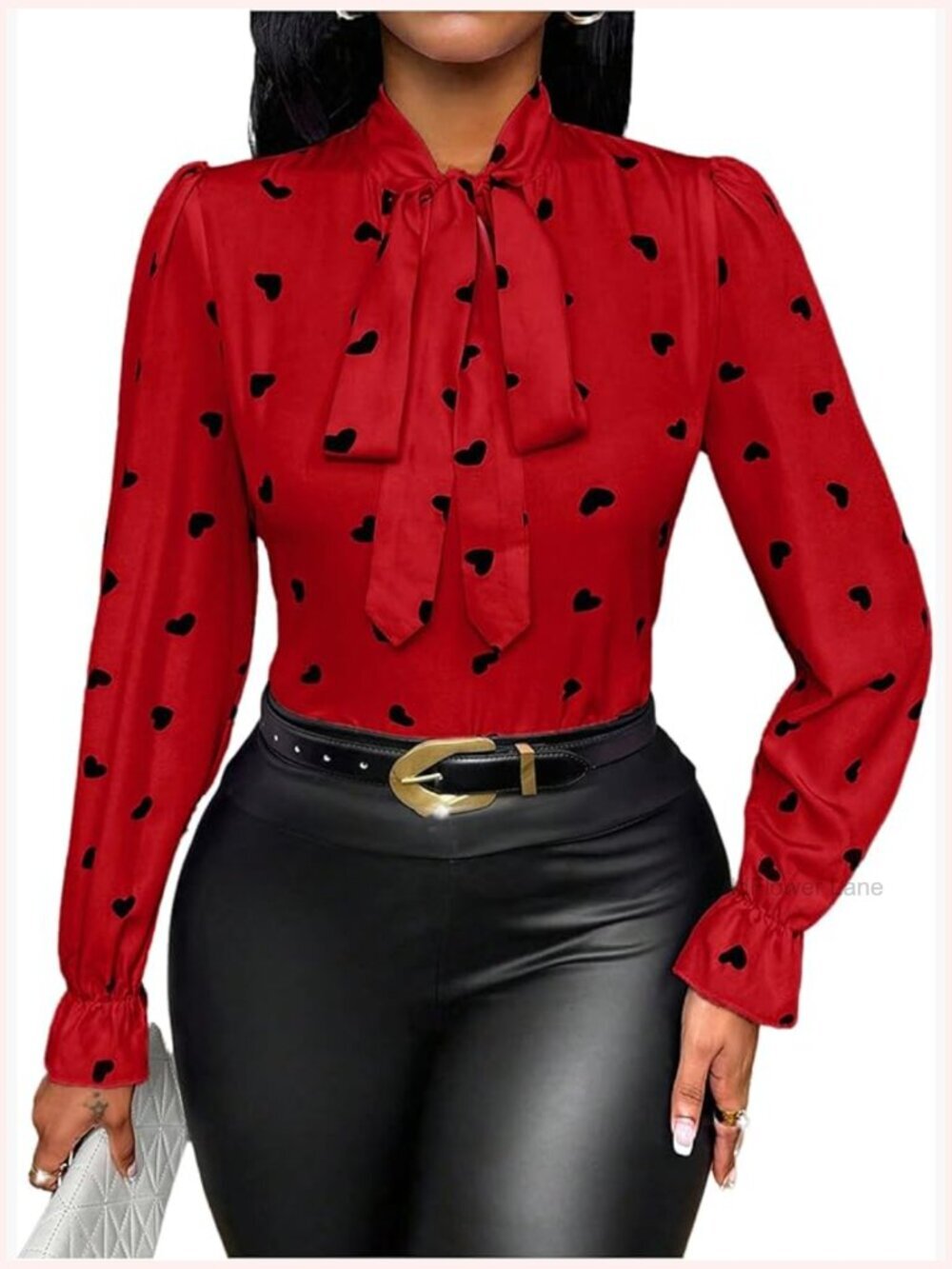 Heart Print Tie Neck Blouse Long Puff Sleeve Business Casual Work Top